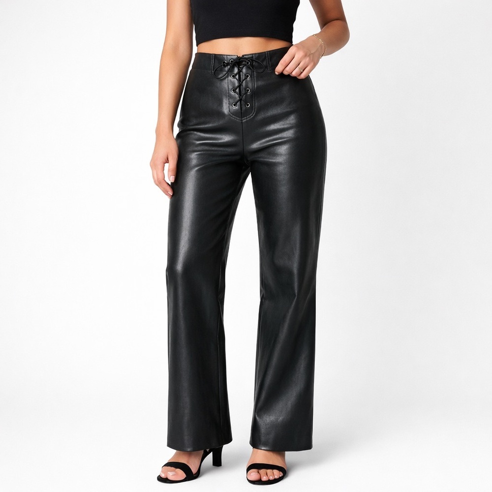 WILFRED Elementary Vegan Leather High-Waisted Lace-Up Pants Black Aritzia Nwt